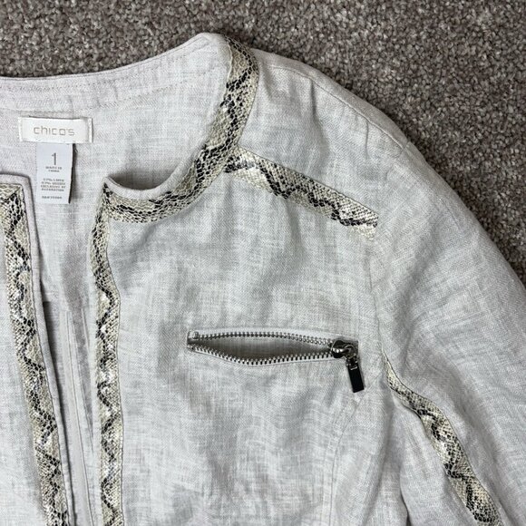 Chico's Women's Linen Blend Jacket Size 1 (M/8-10) Gray Open Front Pockets EUC - Picture 5 of 14